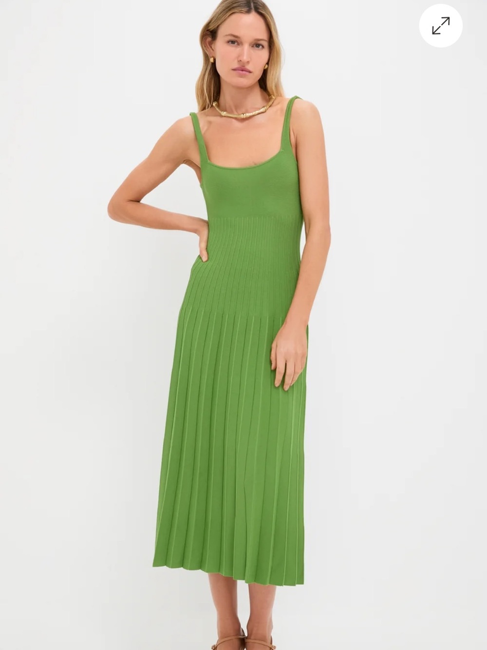 STAUD Green Pleated Knit Midi Dress
